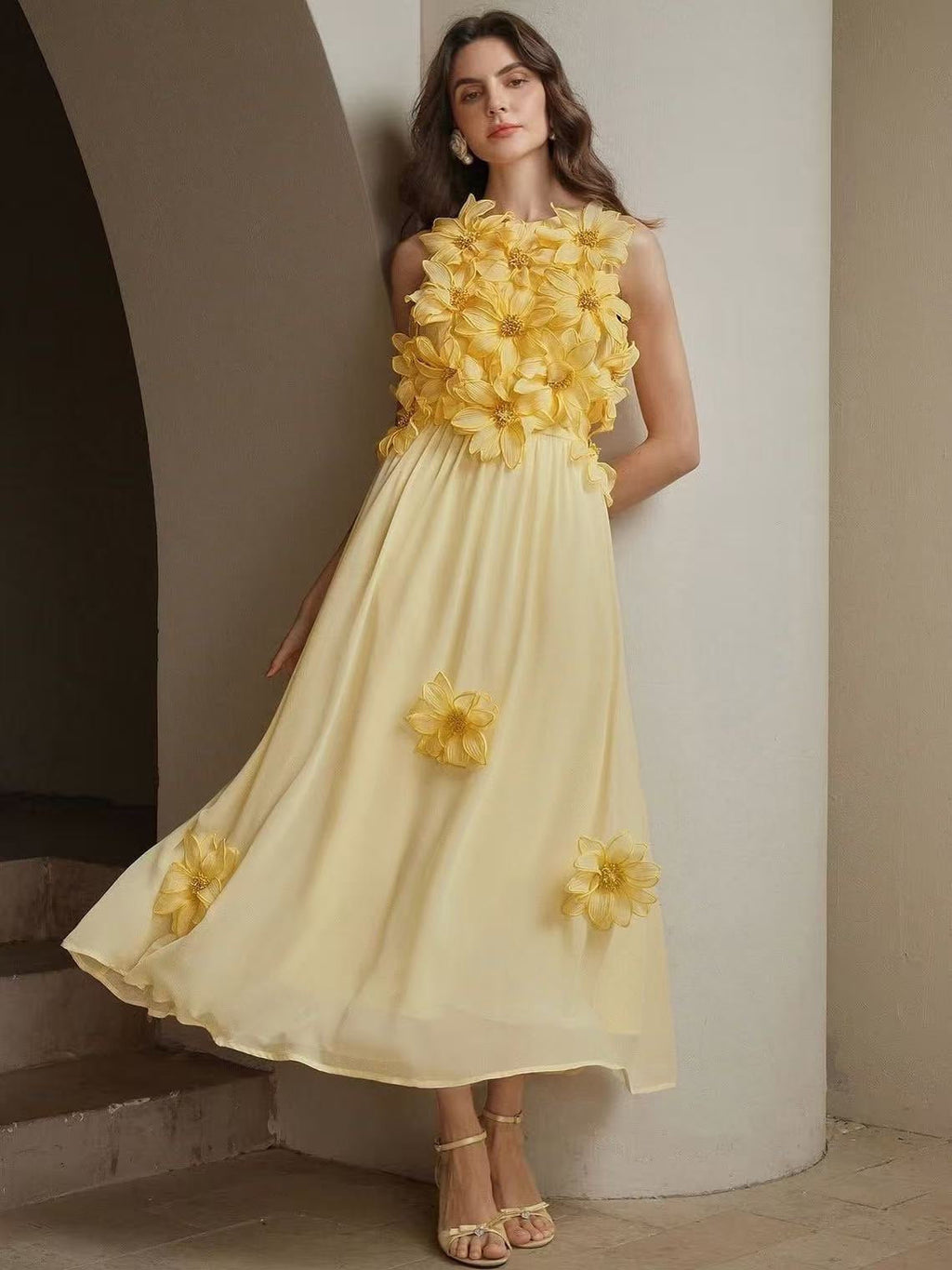 Flowering Girl Women 3d Flower Embellished Sleeveless Maxi Dress In Yellow