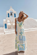 linen print backless bow tie dress