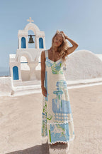 linen print backless bow tie dress