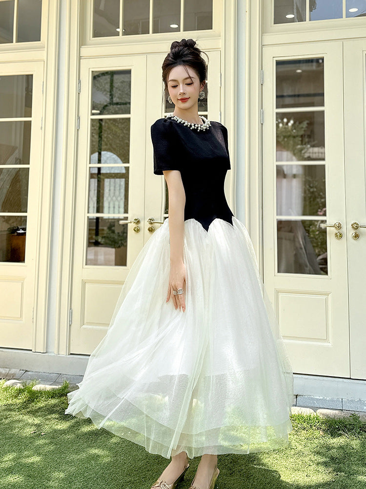 Leona Black-White Two-Tone Rhinestone Neck Tulle Maxi Dress