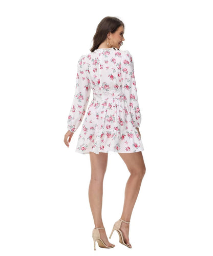 Printed V-neck puff sleeve lace mini dress