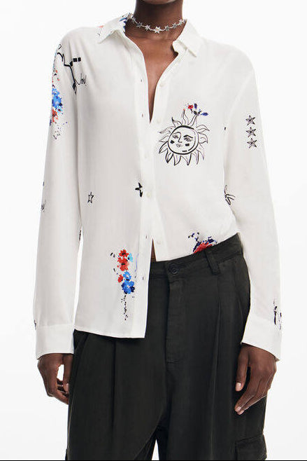 White Sun & Star Print Oversized Long Sleeve Shirt