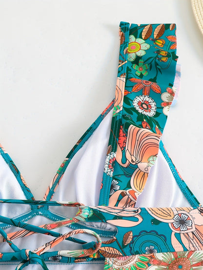 v-neck floral print Ruffle bikini