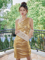 Frederica One-Shoulder Ruched Bodycon Mini Dress - Gold