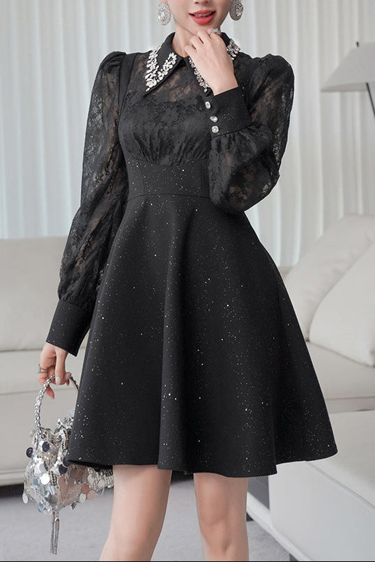 Lynn Black Rhinestone Collar Neck Lace Hollow Sleeve Mini Dress