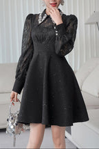 Lynn Black Rhinestone Collar Neck Lace Hollow Sleeve Mini Dress