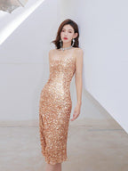 Frederica Sequin Strappy Midi Dress - Gold