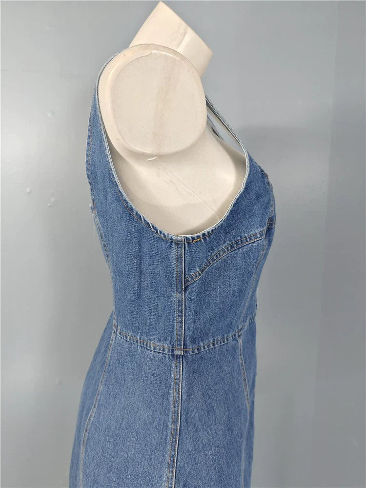 Denim Suspender Square Neck Slim Mini Dress