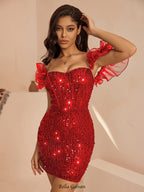 victoria red Ruffled Corset Bodycon mini Dress