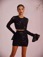 Black 3D Floral Mesh Long Sleeve Mini Dress With Back Cutout