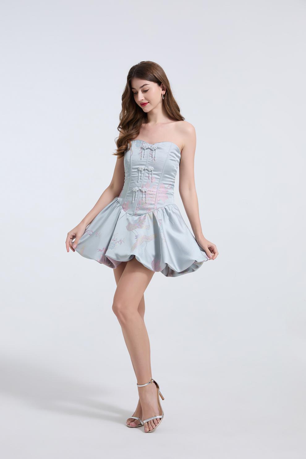 Lisa Jacquard Fishbone Bodice A-Line Mini Dress In Blue