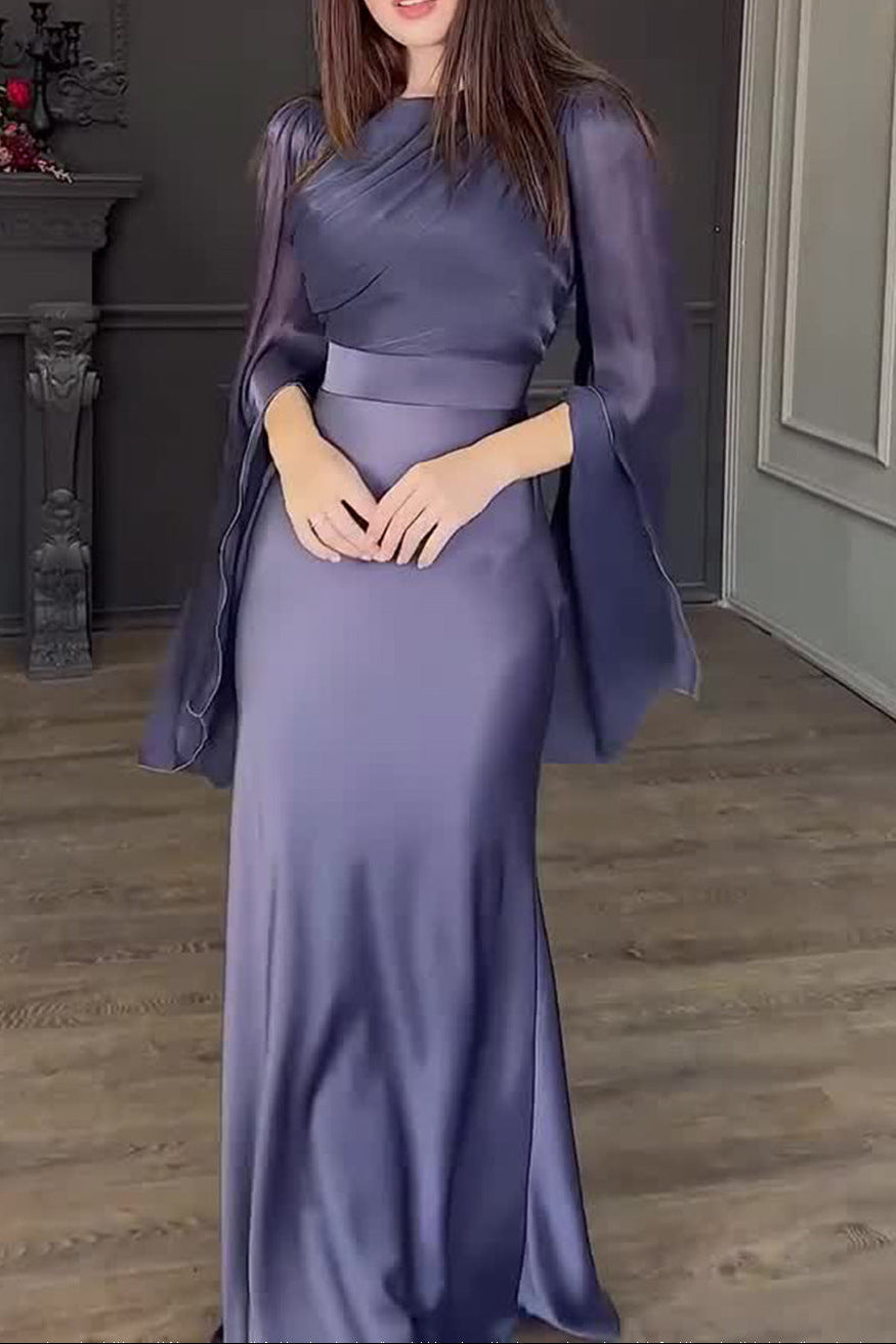 Flowering Girl Women Spliced Glass Tulle Large Swing Sleeve Long Satin Slim Fit Dress