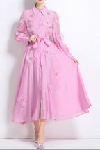 Sally Lapel Embroidered Appliqué Midi Dress In Pink