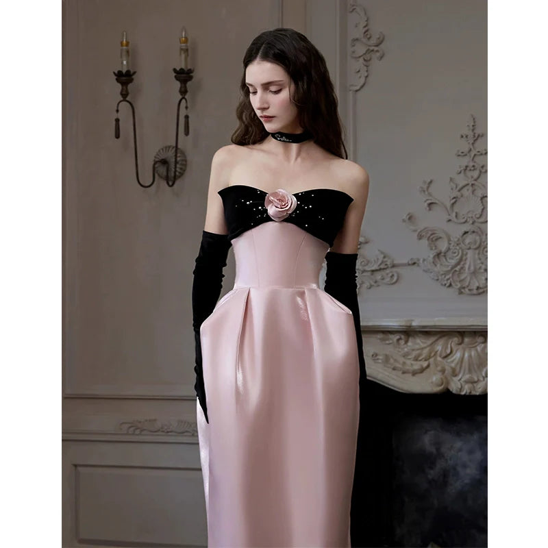 Satin Pink Flower Strapless Maxi Prom Dress