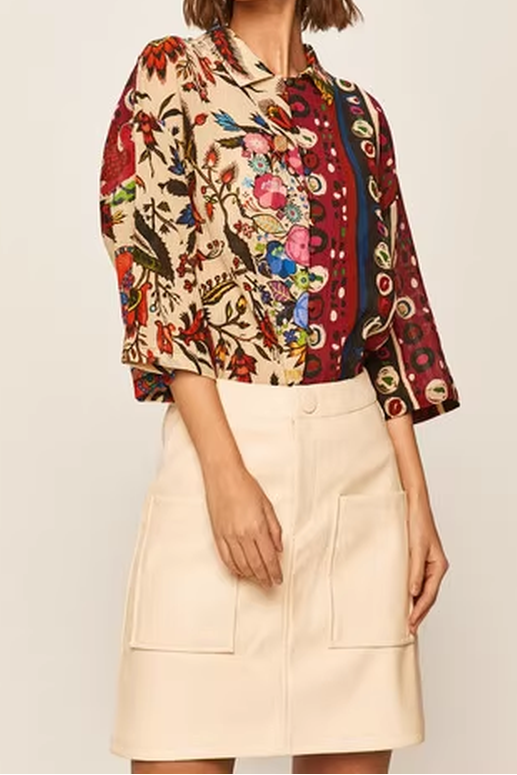 Multicolor Folk Floral Print Three-Quarter Sleeve Button-Down Shirt