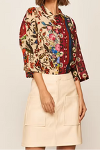 Multicolor Folk Floral Print Three-Quarter Sleeve Button-Down Shirt
