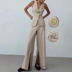 Flowering Girl Women Khaki High Waist Front Slit Wide Leg Suit Pants Textured Linen Blend Office Trousers
