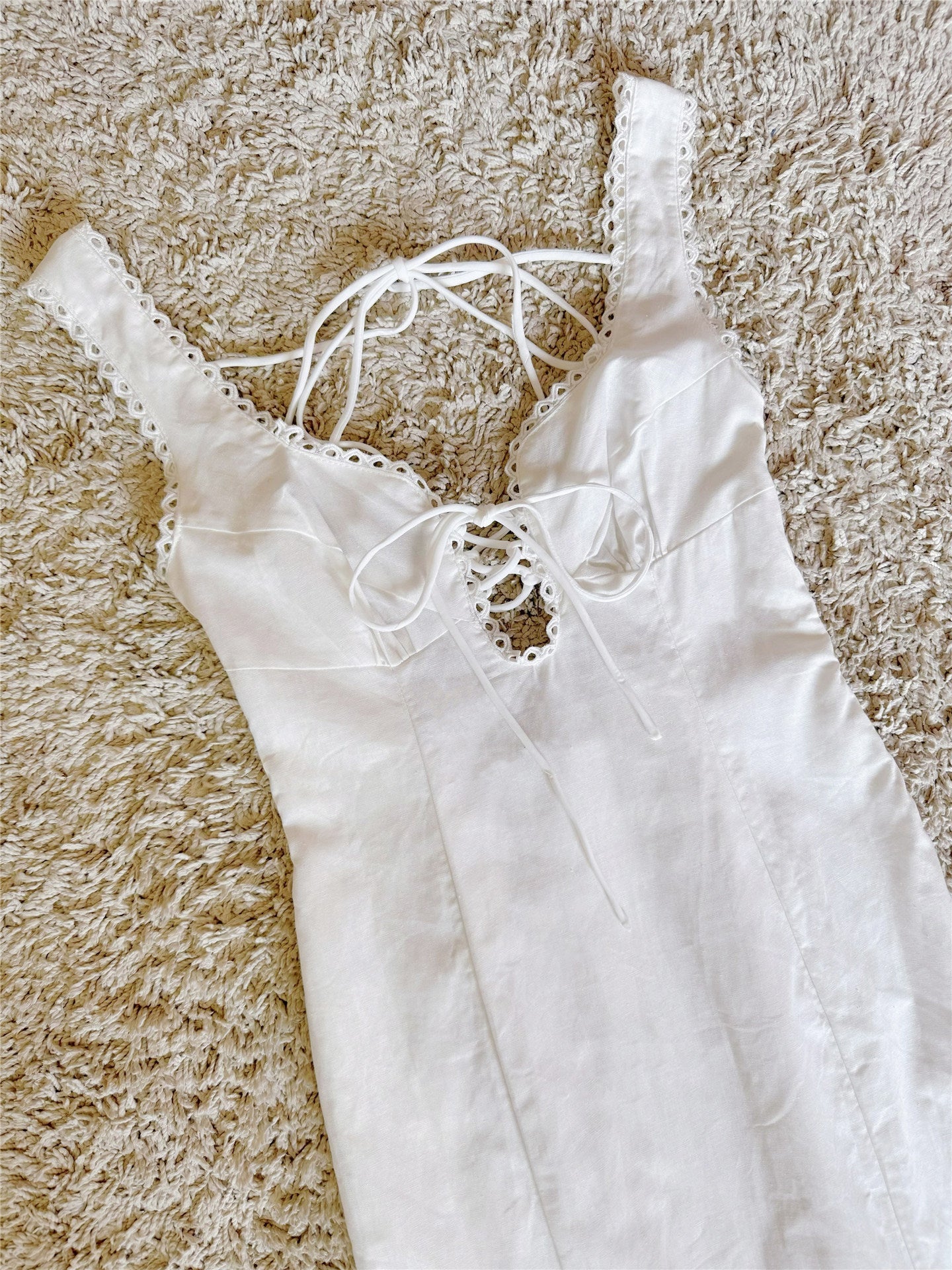 white crochet patchwork backless cotton dress