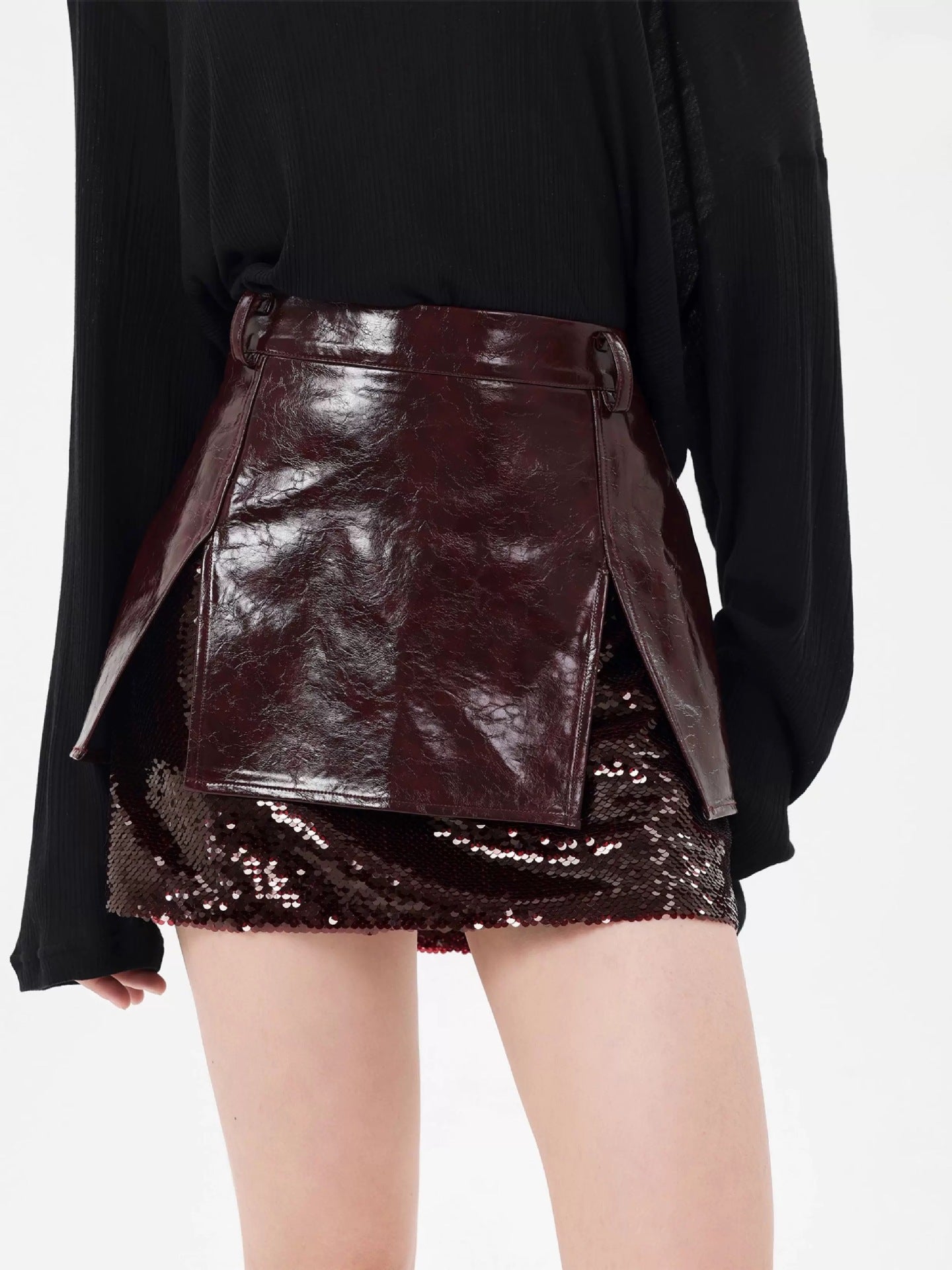 Camille Sequin Embellished Leather Mini Skirt In Burgundy