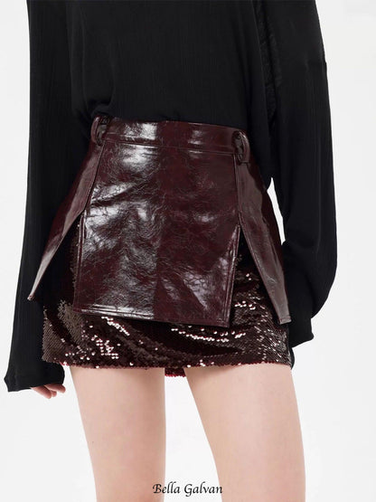 camille sequin embellished leather mini skirt in burgundy