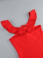 Flowering Girl Women floral ruffle trim halter midi dress in red