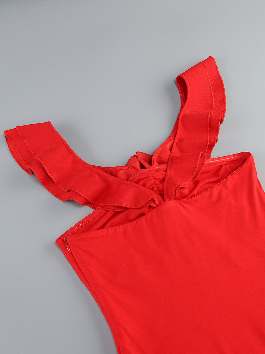 Flowering Girl Women floral ruffle trim halter midi dress in red