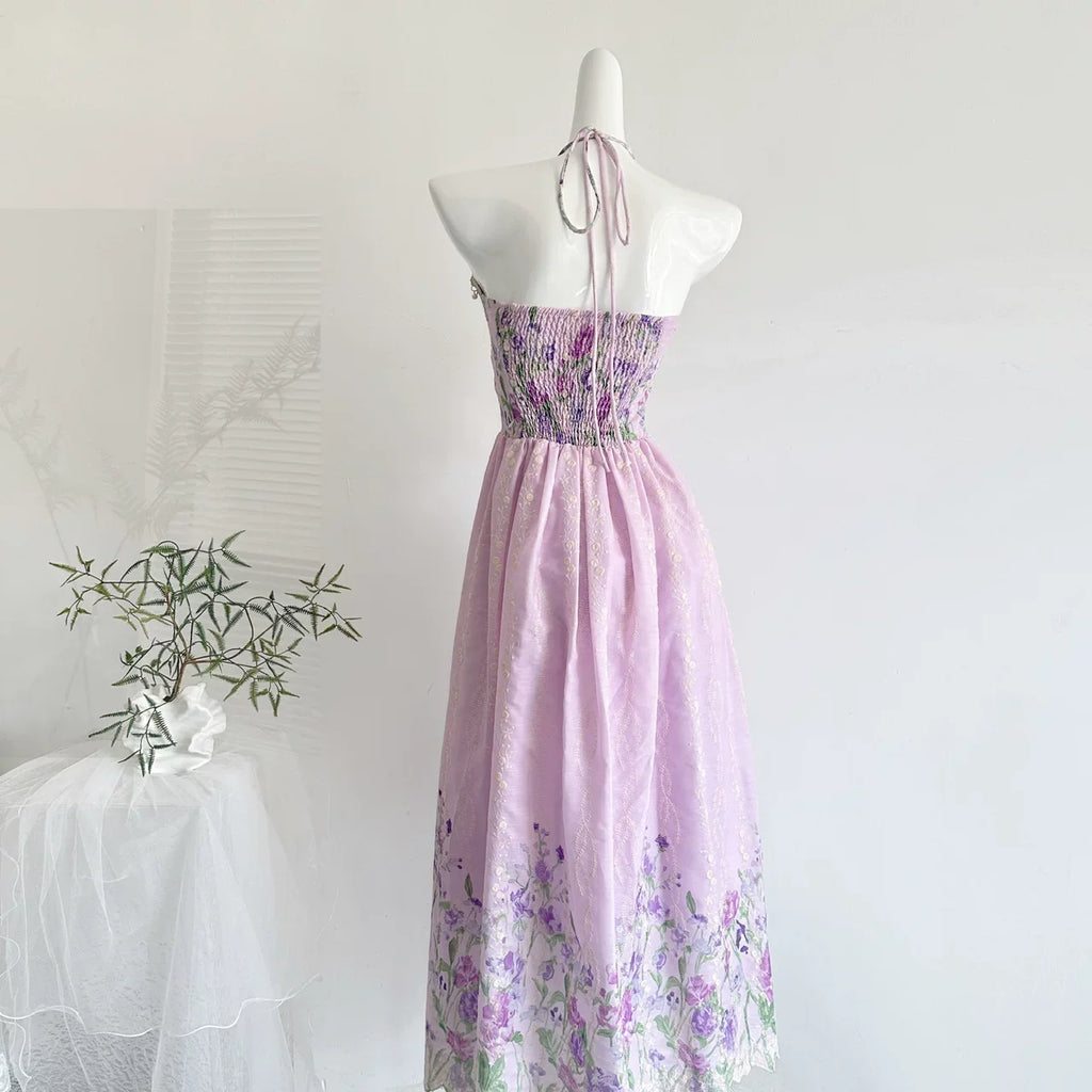Flowering Girl Women Halter Spaghetti Strap Bow Front Floral Embroidery Midi Dress