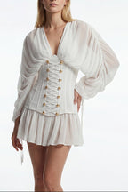 Flowering Girl Women trista white V-neck mesh pleated cinched waist with belt