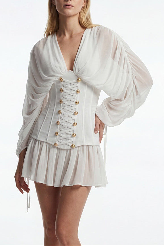 trista white V-neck mesh pleated cinched waist with belt