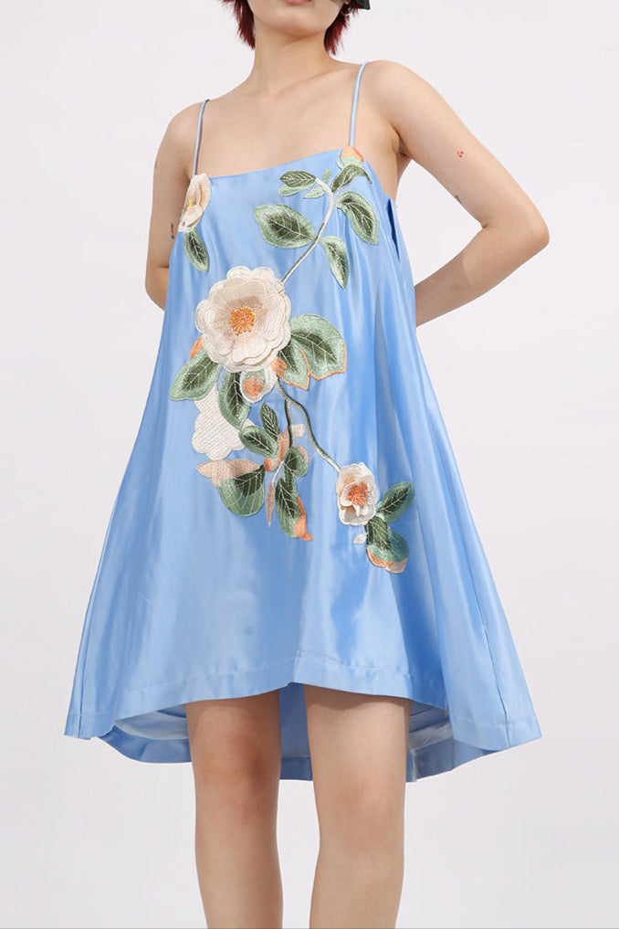 Edwina Applique Floral Embroidered Mini Dress In Blue