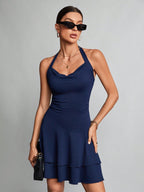 Flowering Girl Women blue halter neck backless ruffle mini dress
