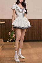 alisa floral printed lace trim mini dress in white