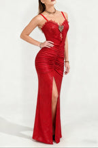 Bertha High Slit Pleated Sequin Maxi Dress In Red