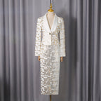 Flowering Girl Women High-Waisted Skirt Gold Sequin Print Blazer Suit In White