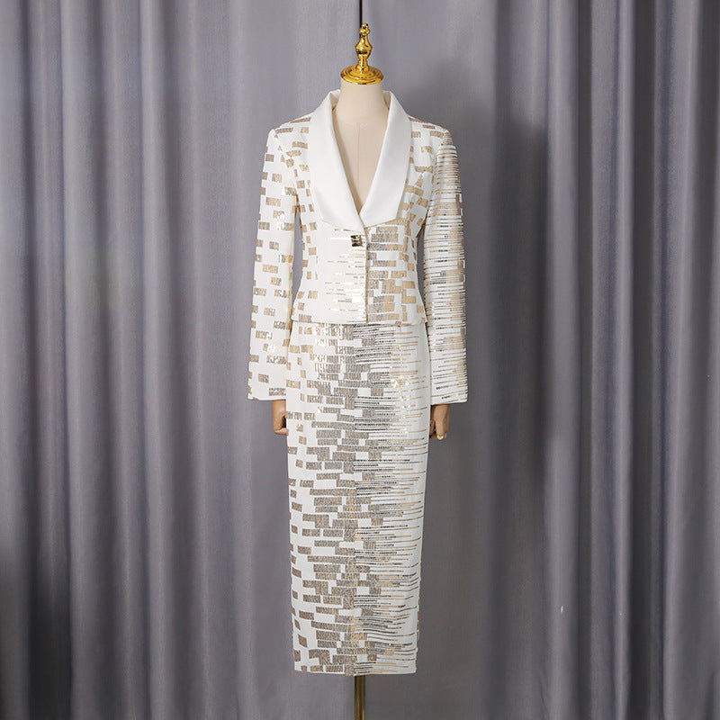 Flowering Girl Women High-Waisted Skirt Gold Sequin Print Blazer Suit In White