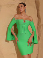 Cara Off-Shoulder Long-Sleeve Diamond Bodycon Mini Dress In Green