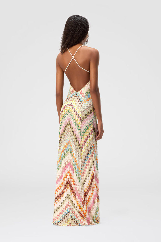 Flowering Girl Women Chevron Rainbow Crochet Cross-Back Spaghetti Strap Maxi Dress