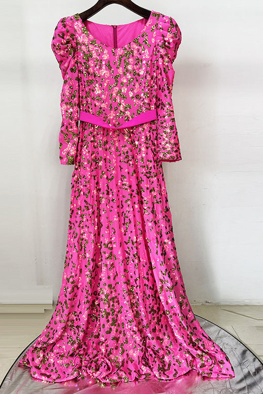 pink embroidered sequin long dress