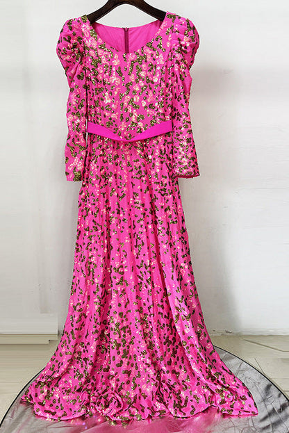 pink embroidered sequin long dress