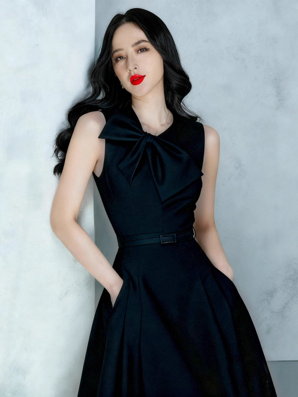Irregular Bow A-Line Midi Dress With Belt