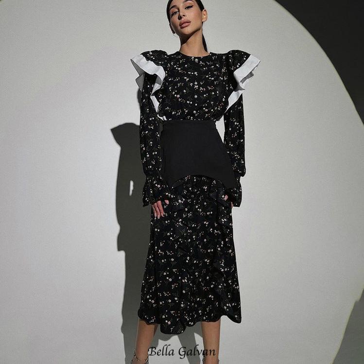 sebastiane floral print Ruffle Trim Midi Dress in black