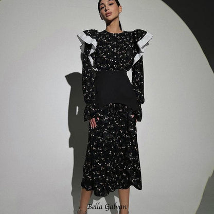 sebastiane floral print Ruffle Trim Midi Dress in black