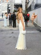 Flowering Girl Women Pearl tassel off-shoulder fishtail maxi dress - yellow