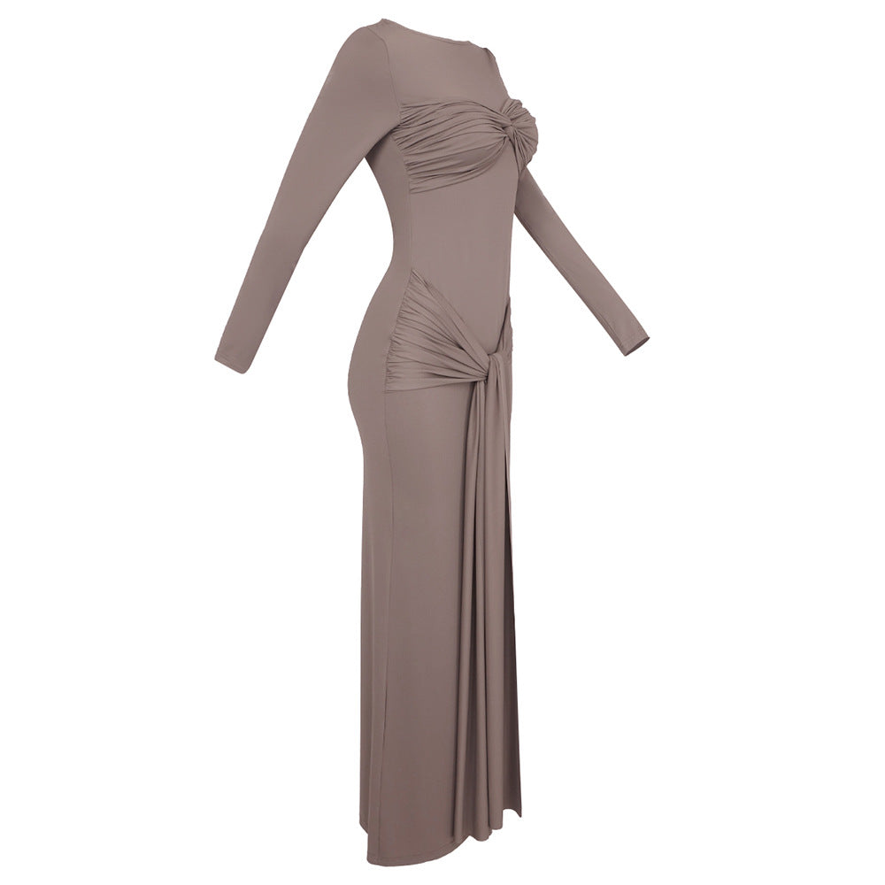 Flowering Girl Women Round neck ribbed knit maxi dress in coffee