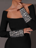 Flowering Girl Women Square Neck Diamond Tight Bandage Maxi Dress In Black