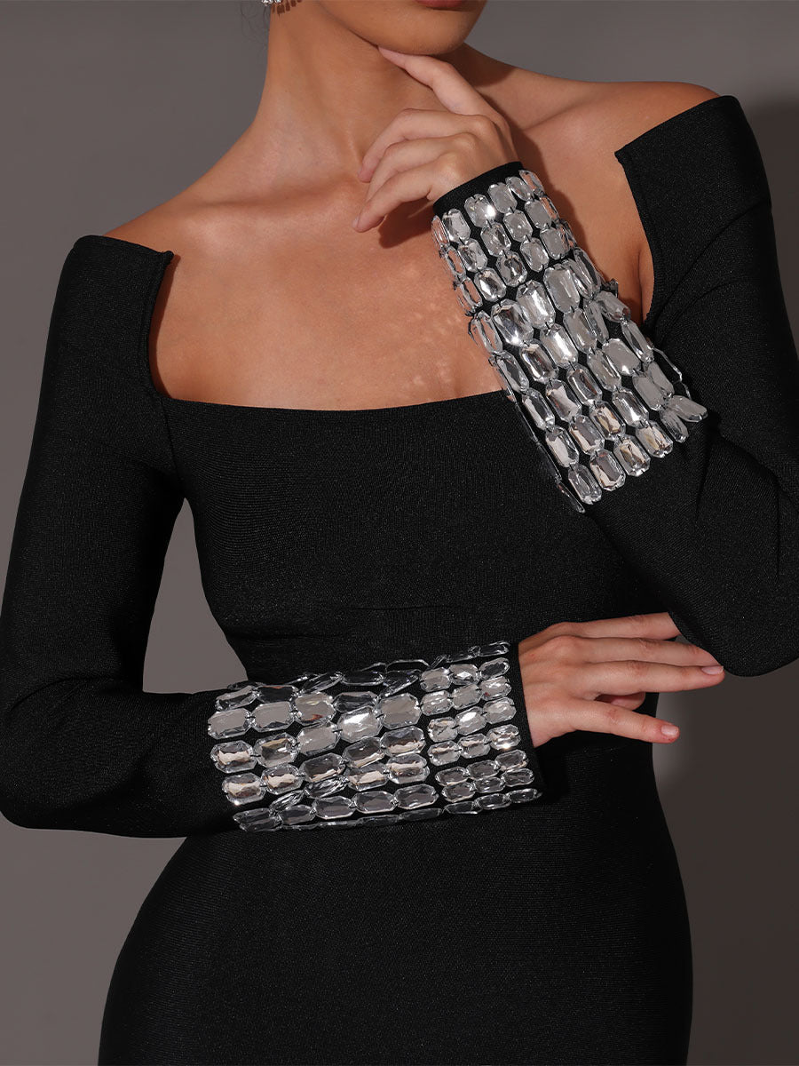 Square Neck Diamond Tight Bandage Maxi Dress In Black