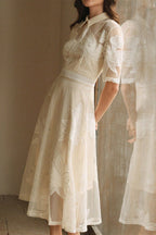 Flowering Girl Women Lace Embroidered Shirt Collar Midi Dress - apricot