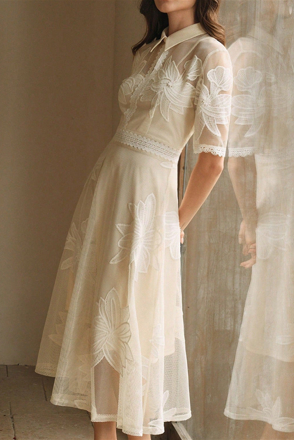 Flowering Girl Women Lace Embroidered Shirt Collar Midi Dress - apricot