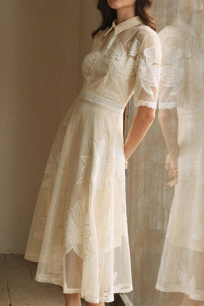 Lace Embroidered Shirt Collar Midi Dress - apricot