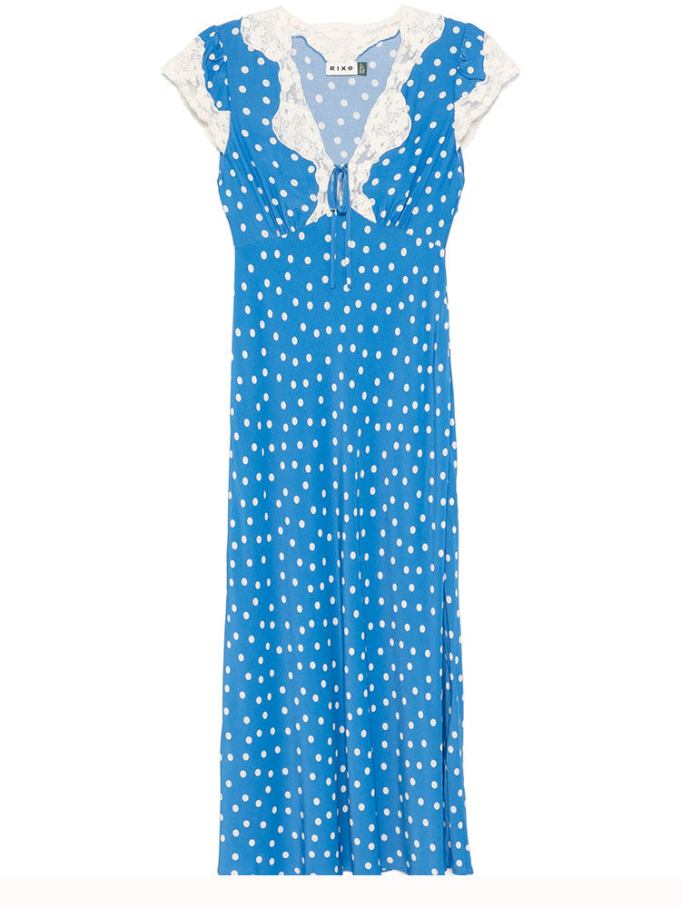 Flowering Girl Women Lyuba Polka Dot Lace-Trimmed V-Neck Maxi Dress In Blue